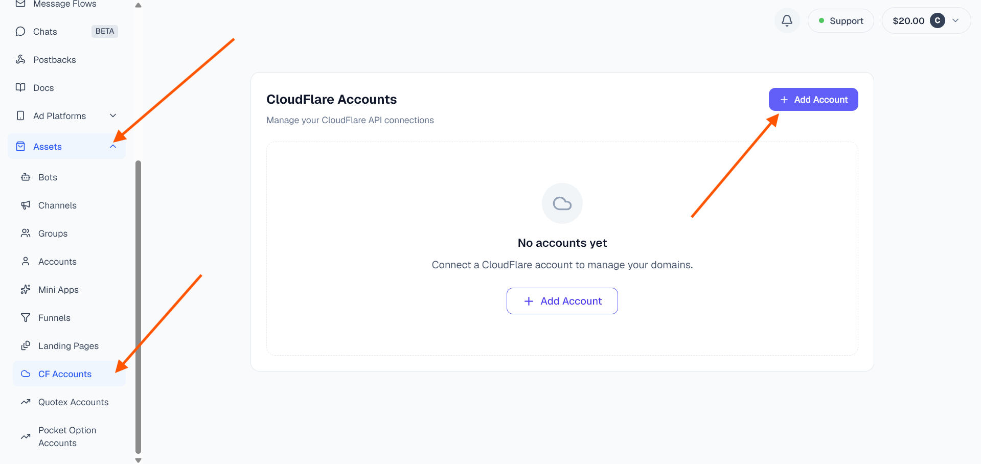 Dashboard add account