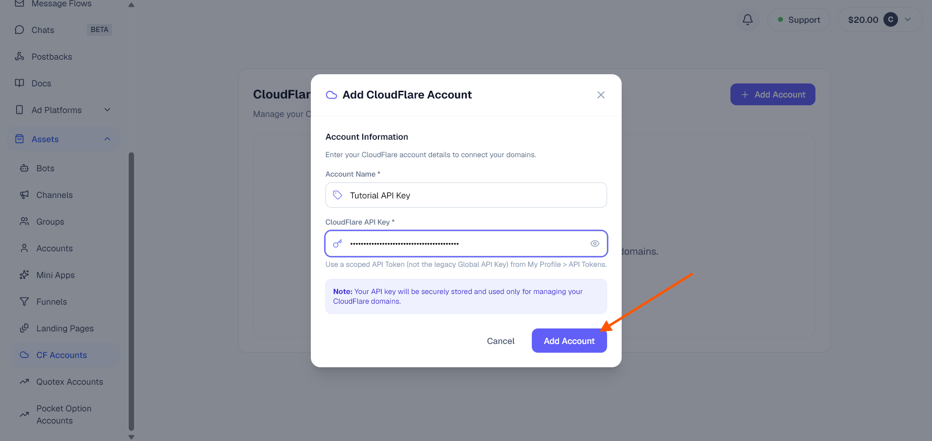 API key entry